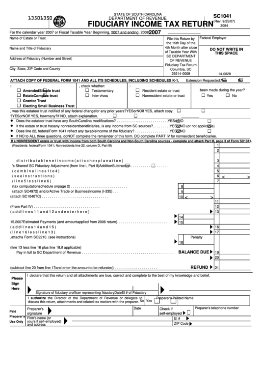 Form Sc1041 - Fiduciary Income Tax Return - 2007 Printable pdf