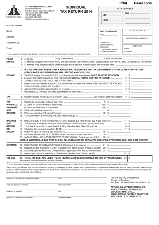 Individual Tax Return - City Of Westerville, Ohio - 2014 Printable pdf