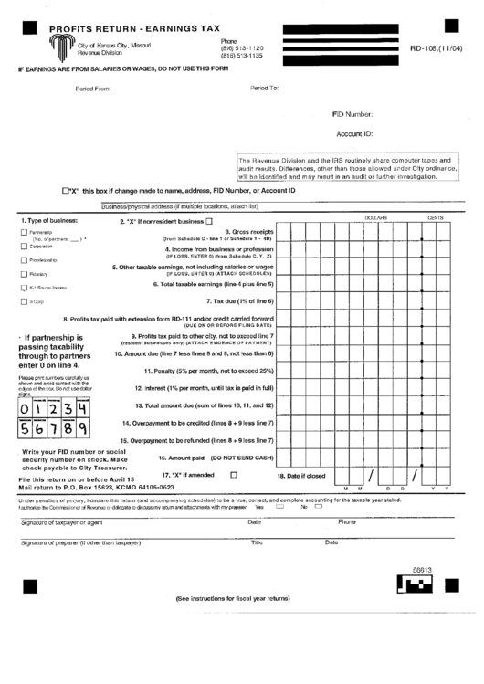 Form Rd-108 - Profits Return - Earnings Tax - City Of Kansas City Printable pdf