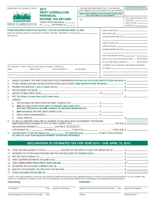 Individual Income Tax Return - City Of West Carrollton, Ohio - 2014 Printable pdf