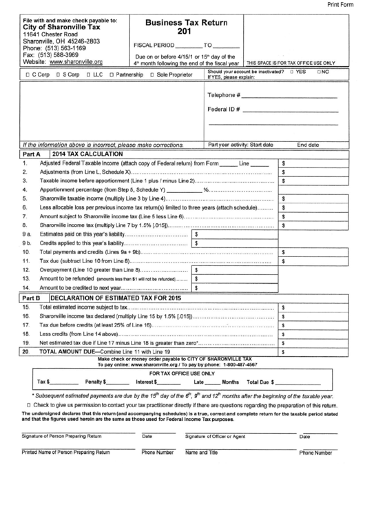 Fillable Business Tax Return - City Of Sharonville, Ohio - 2014 ...