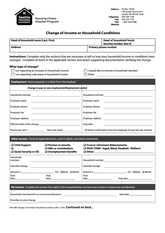 Change Of Income Form Or Household Conditions Printable pdf