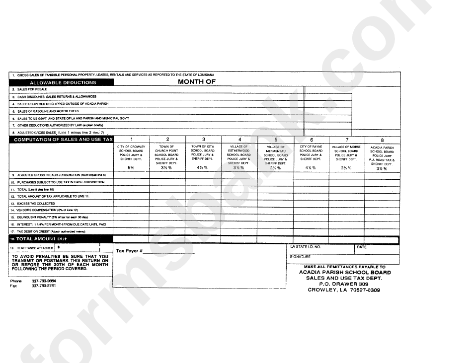 Sales And Use Tax Report - Acadia Parish School Board, Louisiana Sales And Use Tax Department
