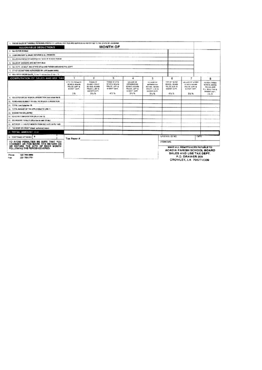 Sales And Use Tax Report - Acadia Parish School Board, Louisiana Sales And Use Tax Department Printable pdf