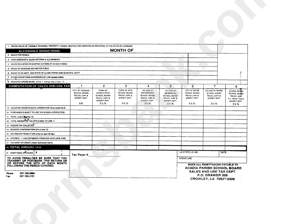 Sales And Use Tax Report - Acadia Parish School Board, Louisiana Sales And Use Tax Department