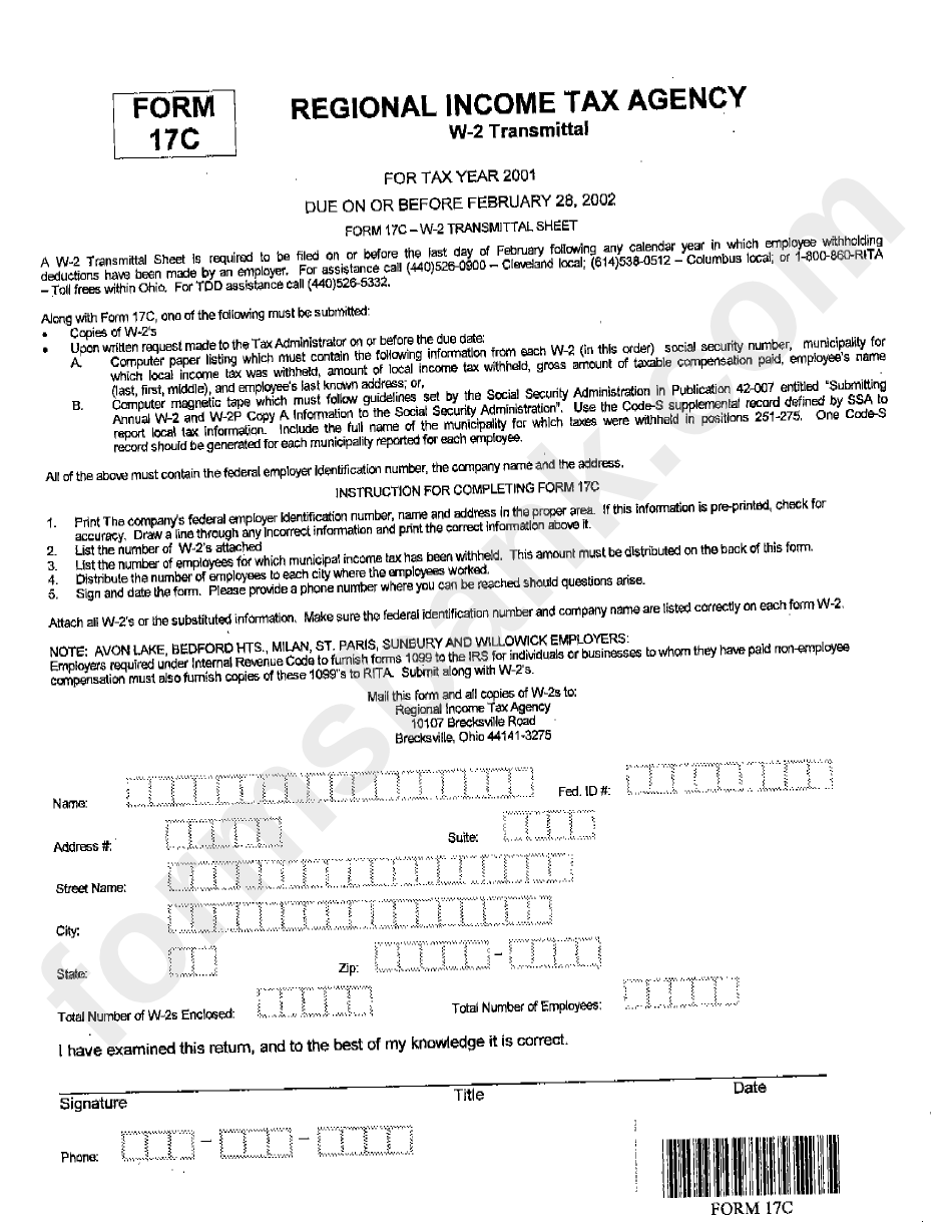 Form 17c - W-2 Transmittal - City Of Brecksville, Ohio Regional Income Tax Agency