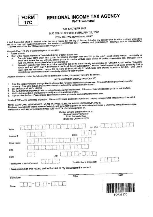 Form 17c - W-2 Transmittal - City Of Brecksville, Ohio Regional Income Tax Agency Printable pdf