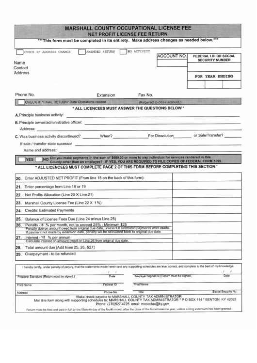 Net Profit License Fee Return - Marshall County, Kentucky Occupational License Fee Printable pdf