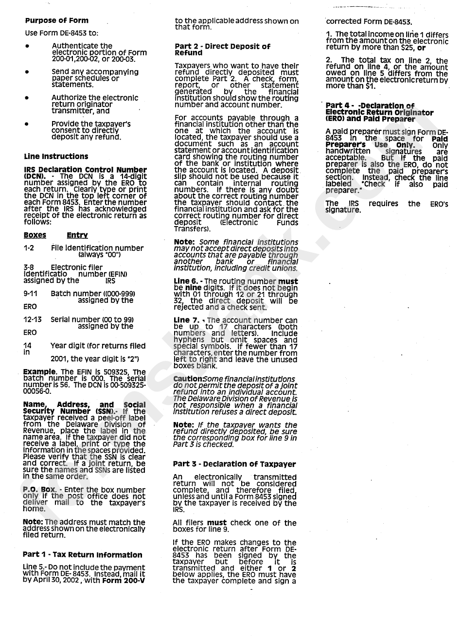 Instructions For Form De-8453 - Delaware Division Of Revenue - 2001-2002