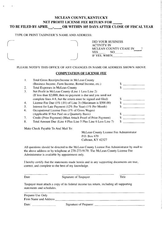 Net Profit License Fee Return - Mclean County, Kentucky Printable pdf