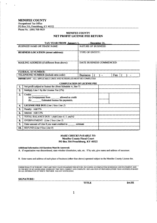 Net Profit License Fee Return - Menifee County, Kentucky Printable pdf