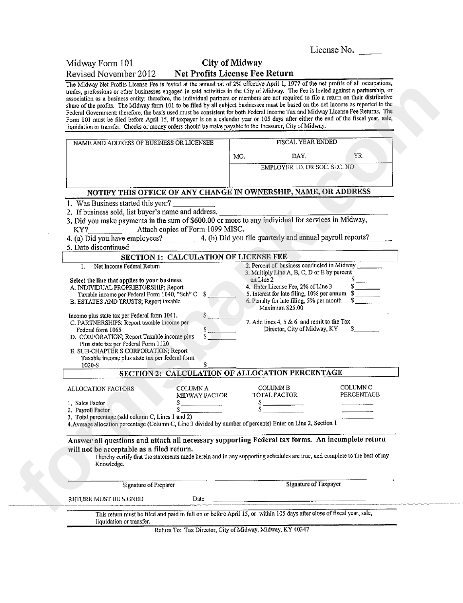Midway Form 101 - Net Profits License Fee Return - City Of Midway, Kentucky