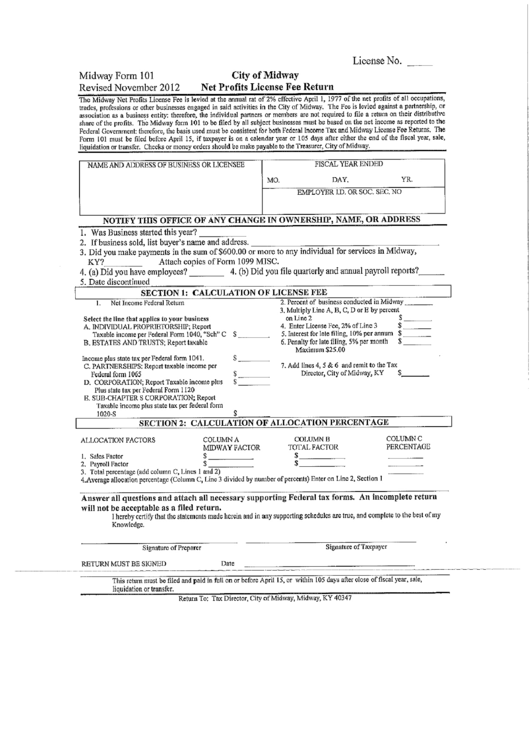 Midway Form 101 - Net Profits License Fee Return - City Of Midway, Kentucky Printable pdf