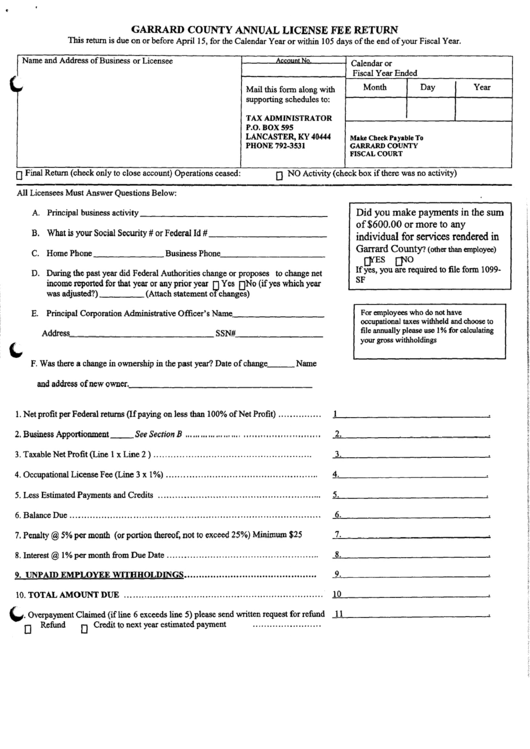 Annual License Fee Return - Garrard County, Kentucky Printable pdf