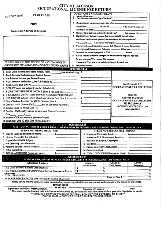 Occupational License Fee Return - City Of Jackson, Kentucky Printable pdf