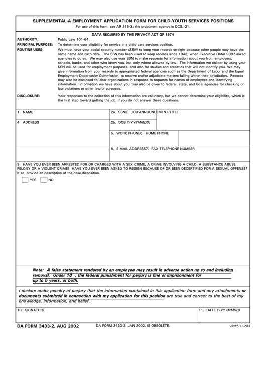 Da Form 3433-2 - Supplemental -A Employment Application Form For Child-Youth Services Positions Printable pdf