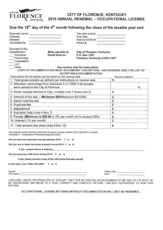Annual Renewal Occupational License - City Of Florence, Kentucky - 2015 Printable pdf