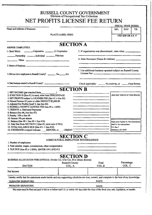 Net Profit License Fee Return - Russel County, Kentucky Printable pdf
