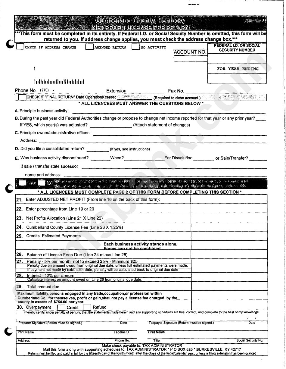 Form Netp2 - Net Profit License Fee Return - Cumberland County, Kentucky