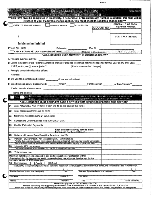 Form Netp2 - Net Profit License Fee Return - Cumberland County, Kentucky Printable pdf