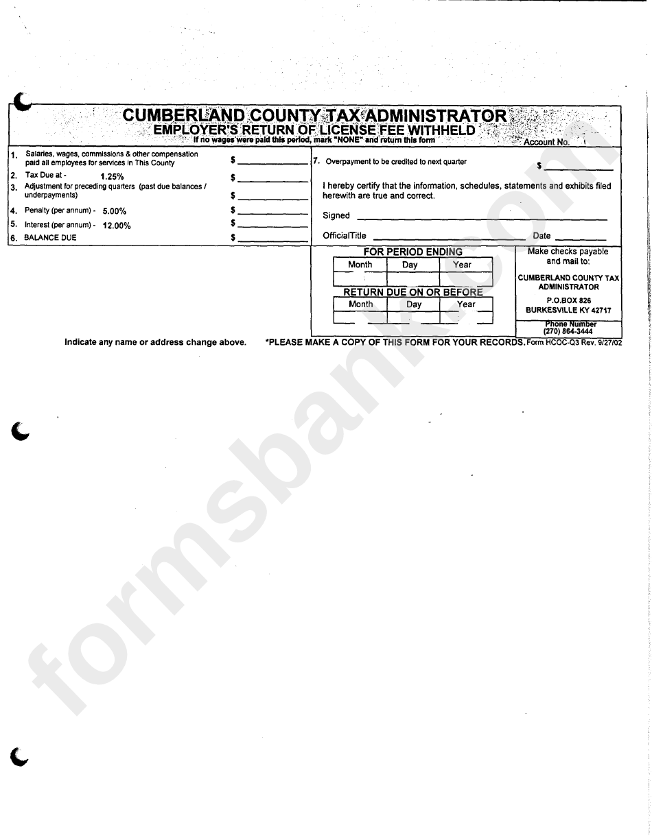 Form Netp2 - Net Profit License Fee Return - Cumberland County, Kentucky