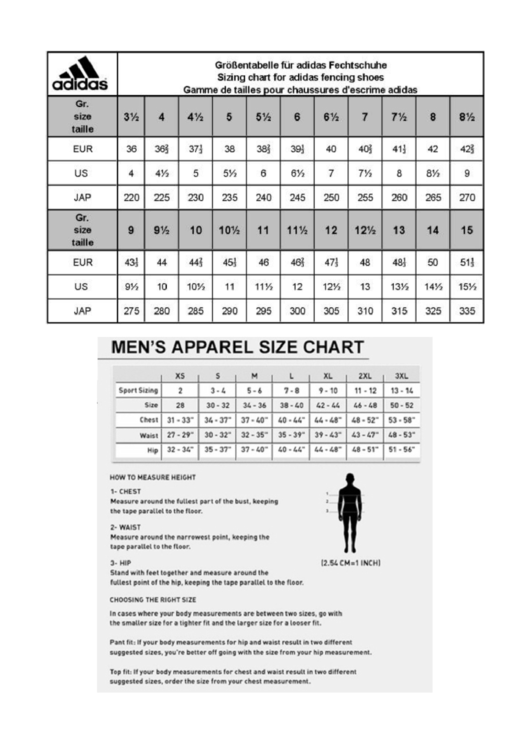 Adidas Size Chart printable pdf download