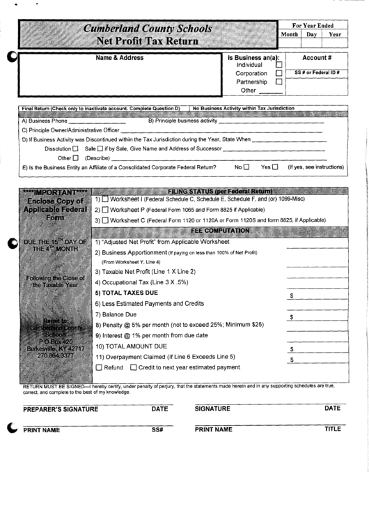 Net Profit Tax Return - Cumberland County Schools, Kentucky Printable pdf