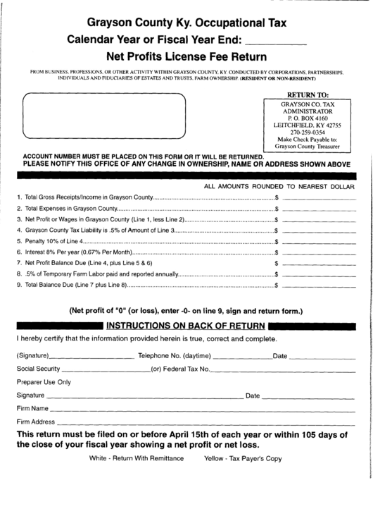 Net Profits License Fee Return - Grayson County, Kentucky Printable pdf