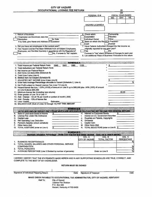 Occupational License Fee Return - City Of Hazard, Kentucky Printable pdf