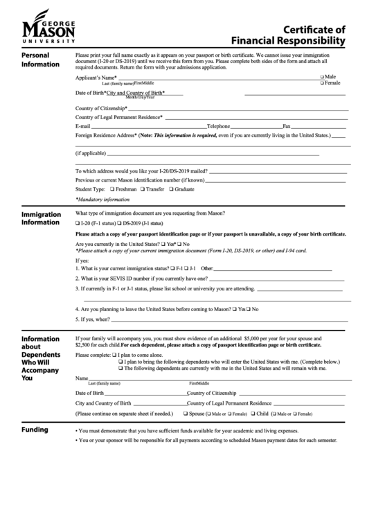 Certificate Of Financial Responsibility Form Printable pdf