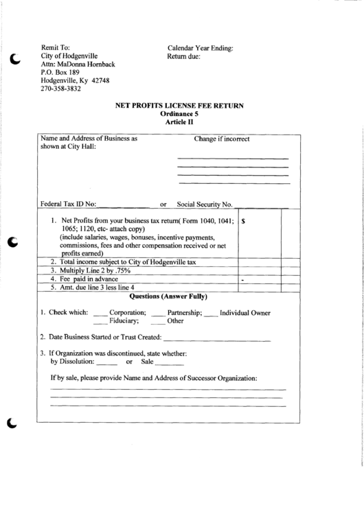 Net Profits License Fee Return - City Of Hodgenville, Kentucky Printable pdf
