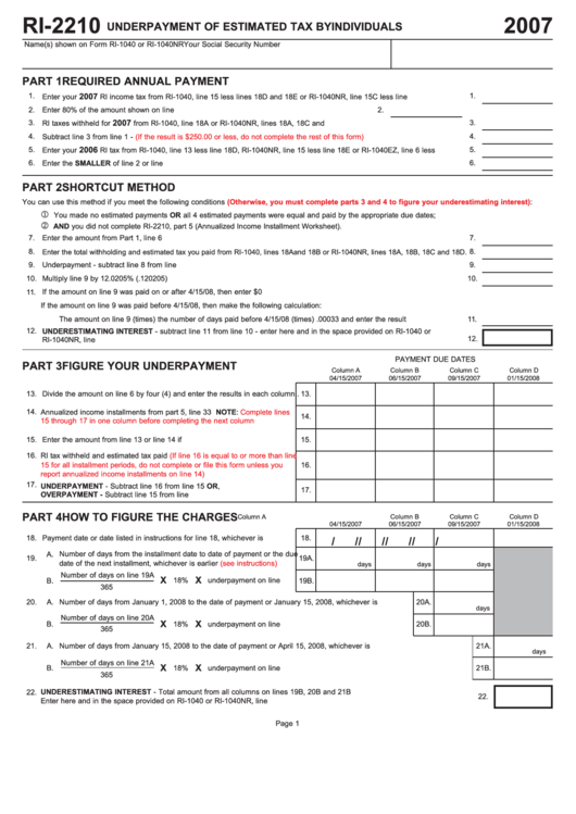 Form Ri-2210 - Underpayment Of Estimated Tax By Individuals - 2007 Printable pdf