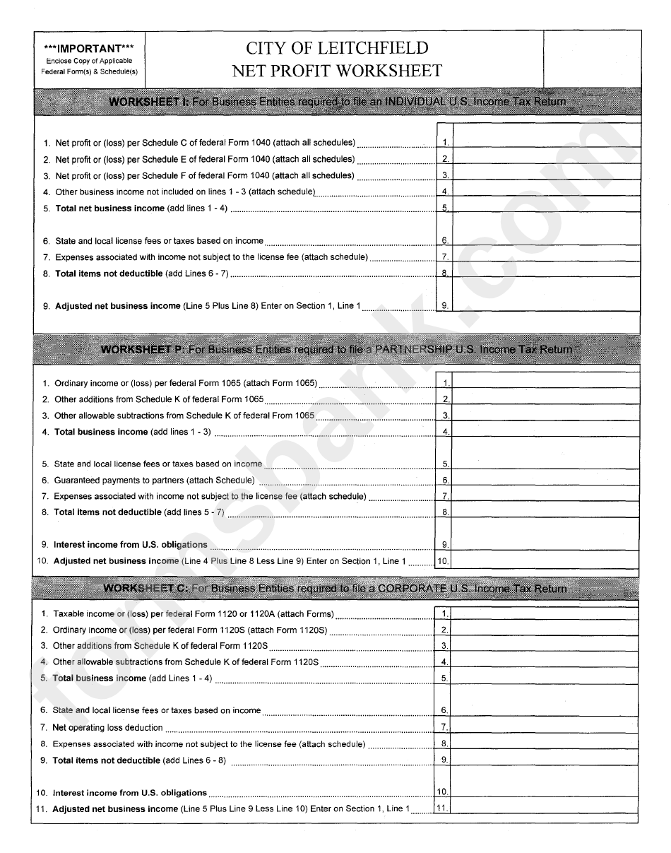 Net Profits License Fee Return - City Of Leitchfield, Kentucky