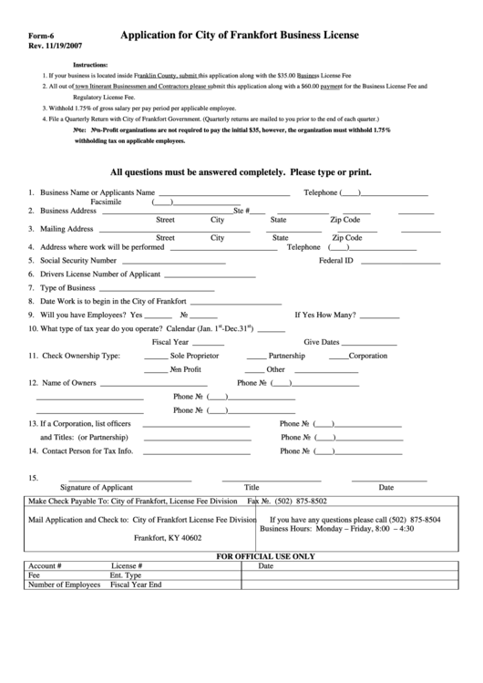 Form-6 - Application For City Of Frankfort Business License - 2007 Printable pdf