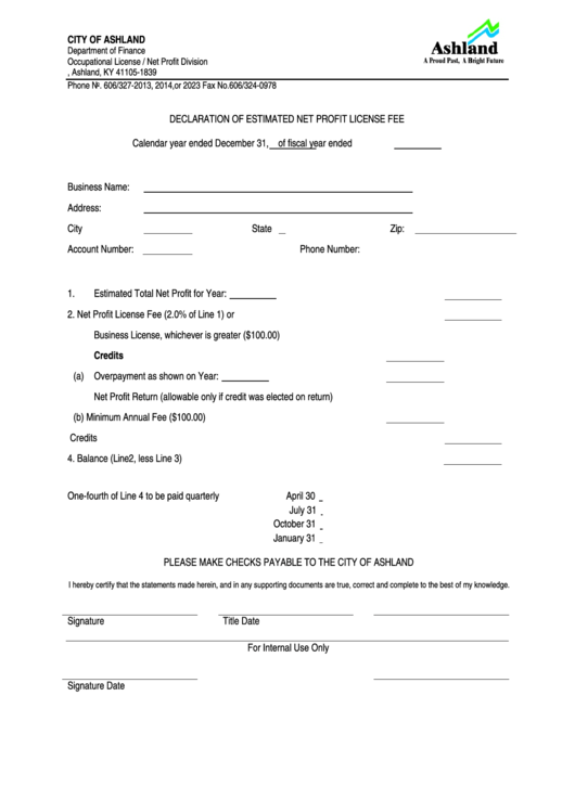 Declaration Of Estimated Net Profit License Fee - City Of Ashland, Kentucky Department Of Finance Printable pdf