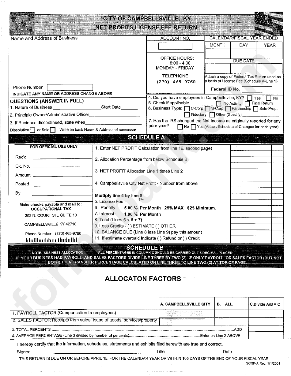 Net Profits License Fee Return - City Of Campbellsville, Kentucky