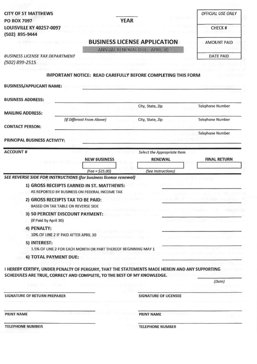 Business License Application - City Of St. Matthews, Kentucky Business License Tax Department Printable pdf