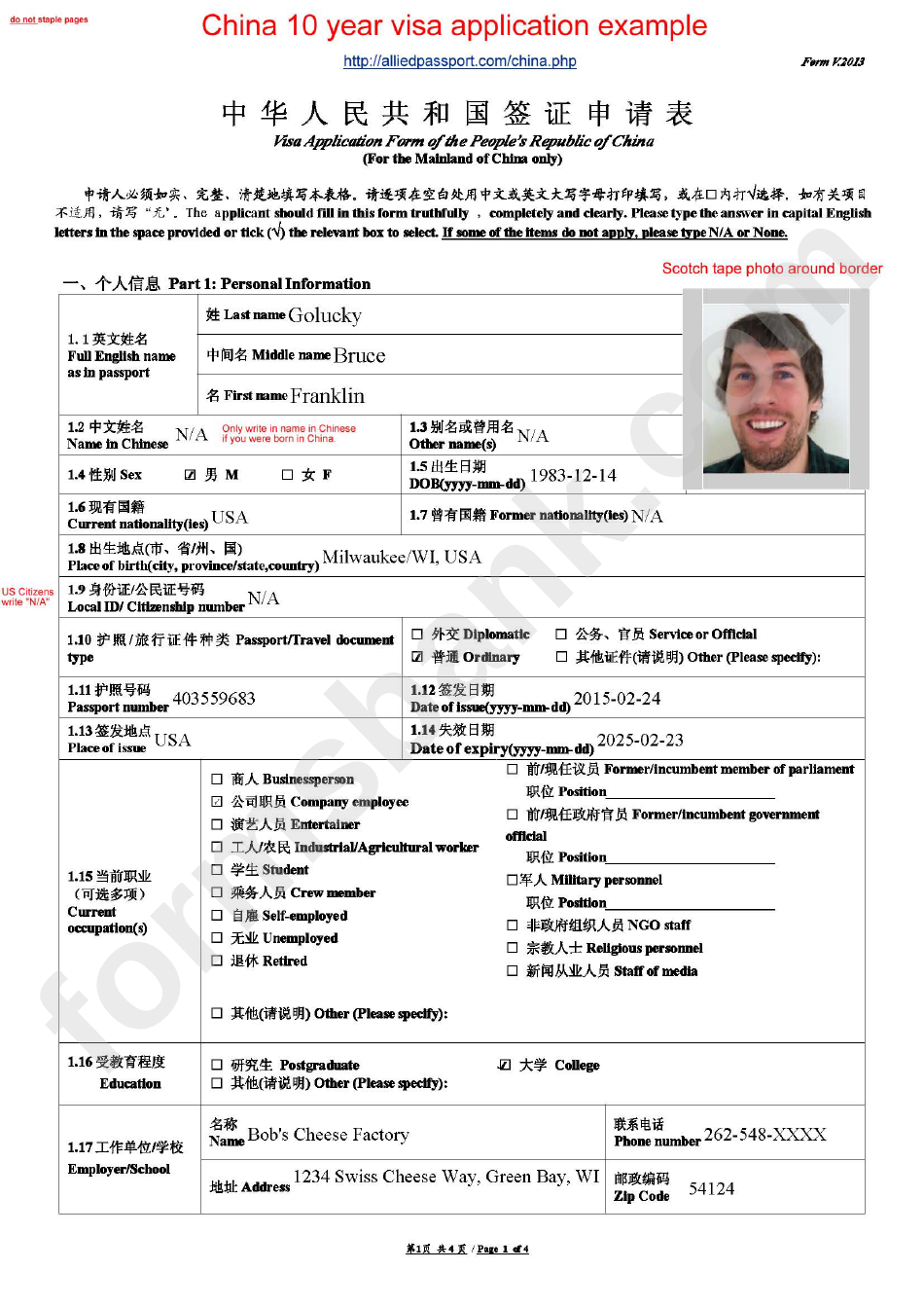 Application for visa China