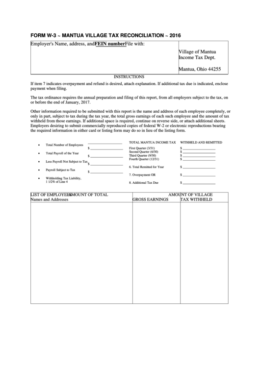Form W-3 - Mantua Village Tax Reconciliation - 2016 Printable pdf