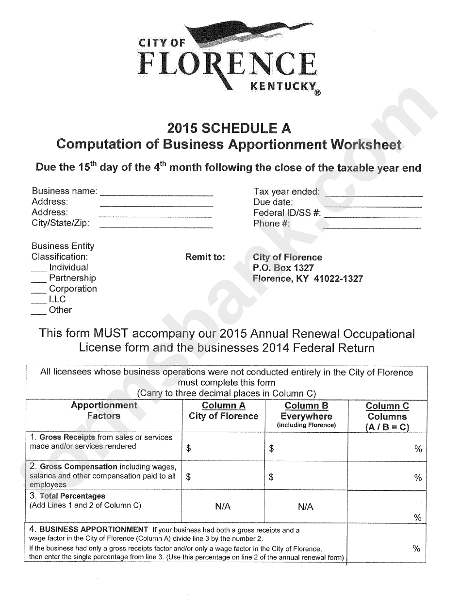 Schedule A - Computation Of Business Apportionment Worksheet - City Of Florence, Kentucky - 2015