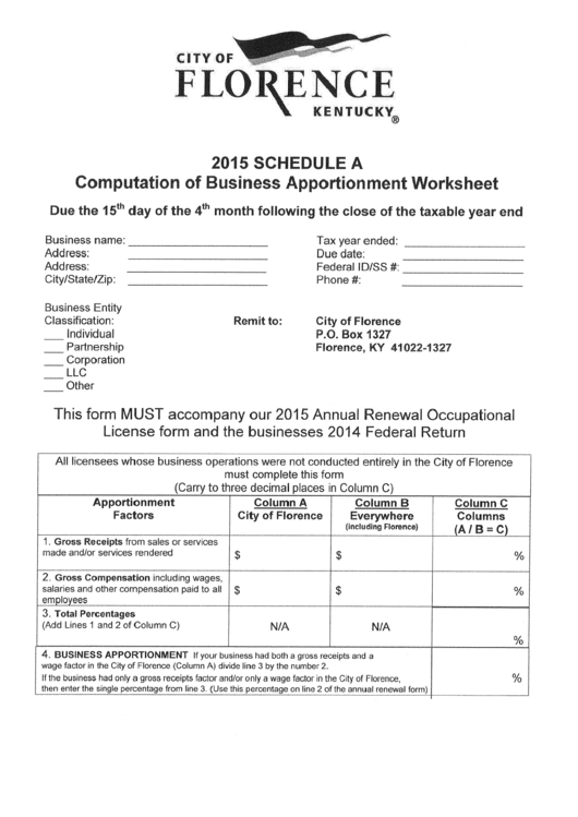 Schedule A - Computation Of Business Apportionment Worksheet - City Of Florence, Kentucky - 2015 Printable pdf