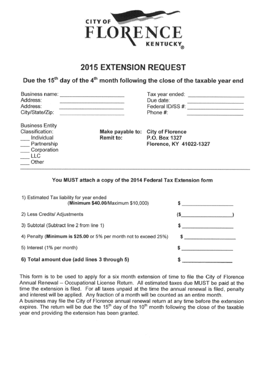 Extension Request - City Of Florence, Kentucky - 2015 Printable pdf