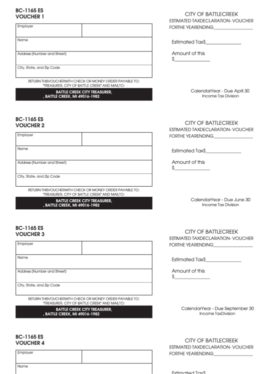 Form Bc-1165 Es - Estimated Tax Declaration Vouchers - Battle Creek City Treasurer Printable pdf
