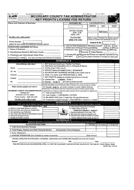 Form Mcnp-A - Net Profits License Tax Return - Mccreary County, Kentucky Printable pdf