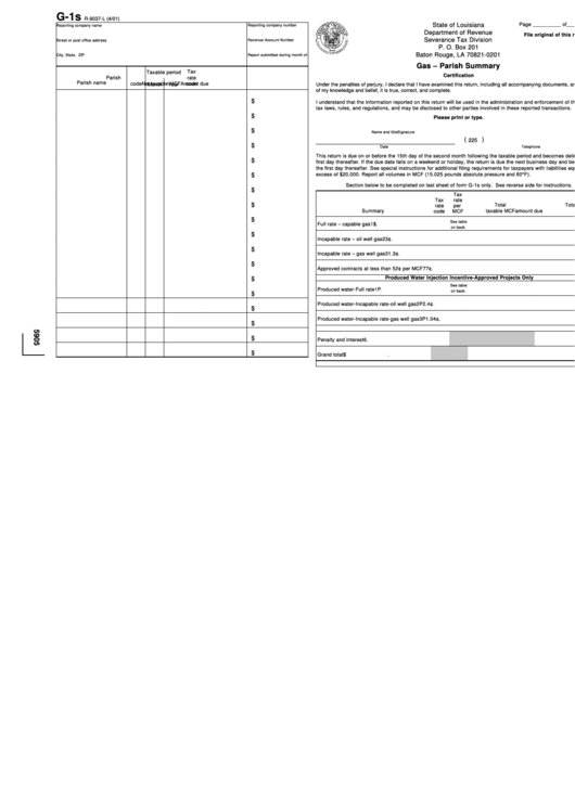Fillable Form G-1s - Gas - Parish Summary Certification - 2001 Printable pdf