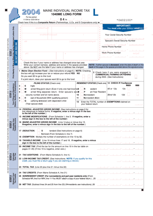 Form 1040me - Maine Individual Income Tax - Long Form - 2004 Printable pdf