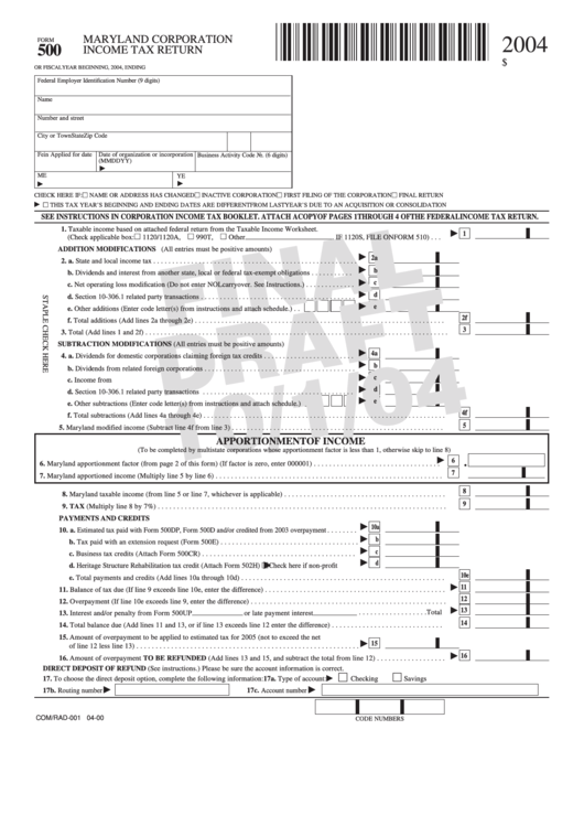 Form 500 Draft - Maryland Corporation Income Tax Return - 2004 Printable pdf