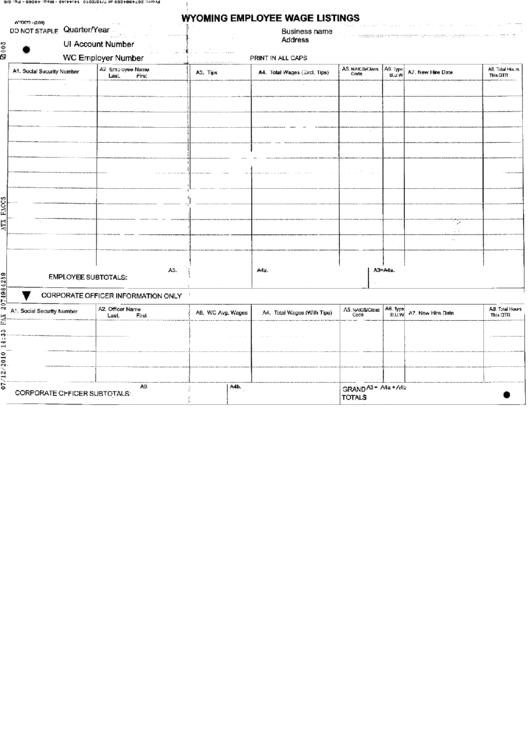 Form Wyo078 - Wyoming Employee Wage Listings - Department Of Workforce Services Printable pdf
