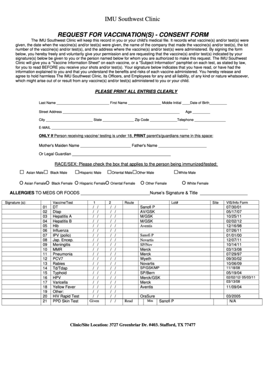 Request For Vaccination- Consent Form Printable pdf