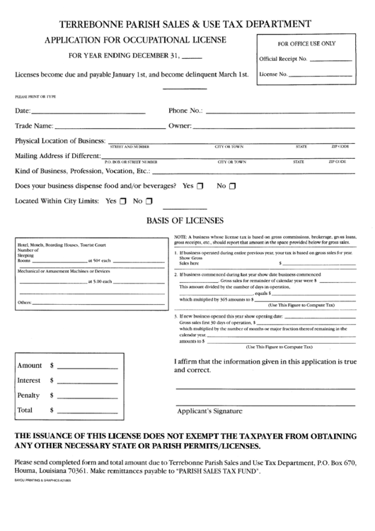 Application For Occupational License - Terrebonne Parish, Louisiana Sales & Use Tax Department